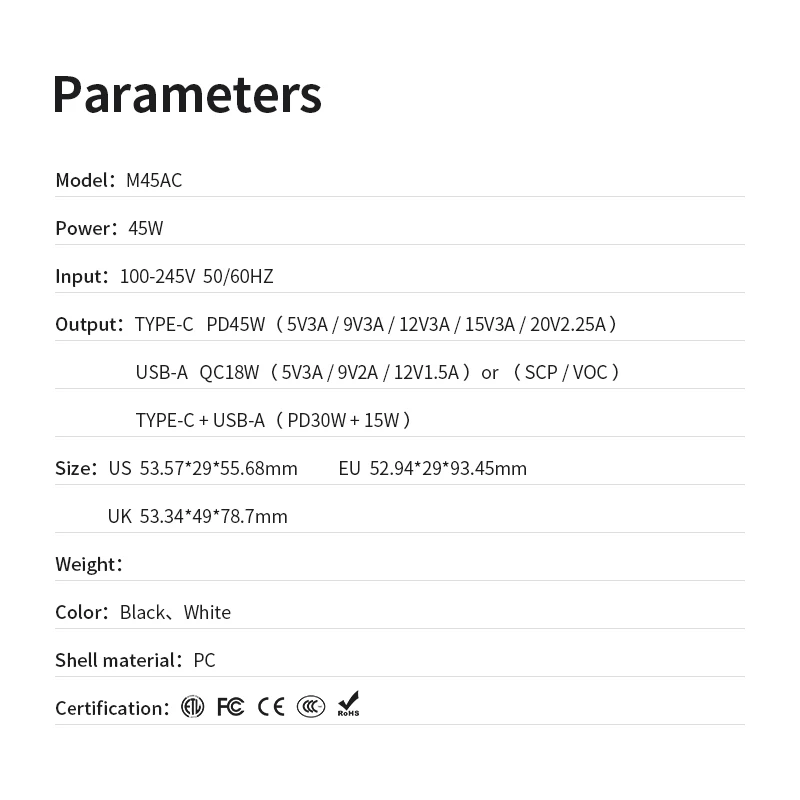 PD2.0 PD3.0 45W wall charger for notebook with US folding plug travel adapter for mobile laptop