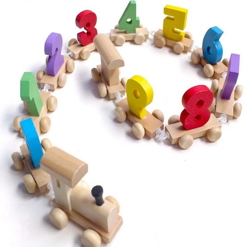 Kids Christmas gift digital, color and shape cognitive wooden digital train geometrical shape stacking block train toy