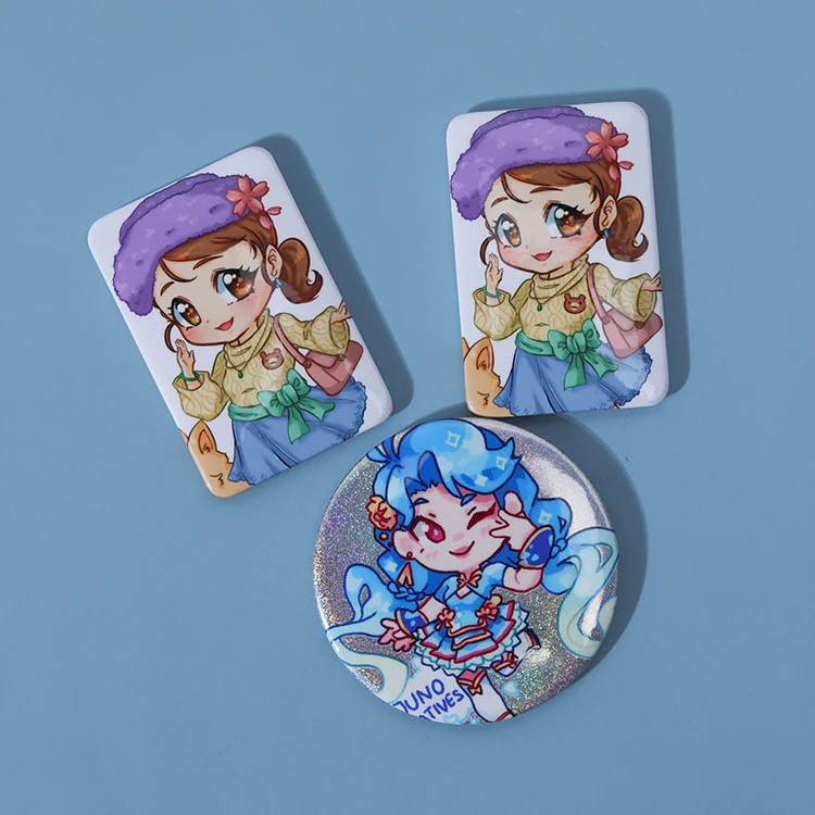 Juno Creative custom cartoon anime hologram tinplate button pins,wholesale colorful round holographic badges