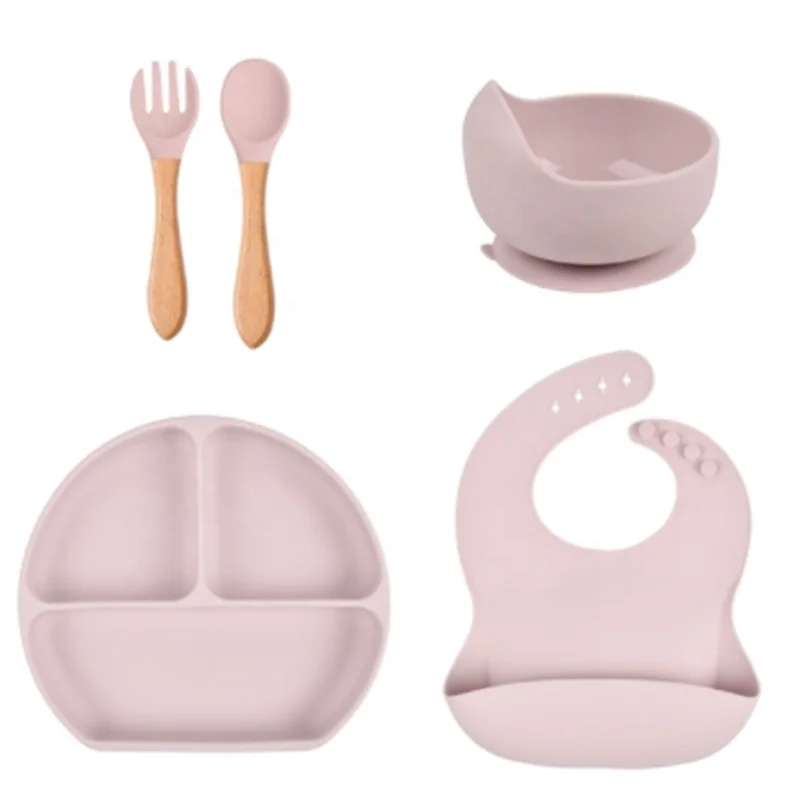 Amazon Hot 5pcs Baby Cutlery Silicone Feeding Set  Kids Plate Suction Bowl With Wooden Spoon Fork Waterproof Bibs