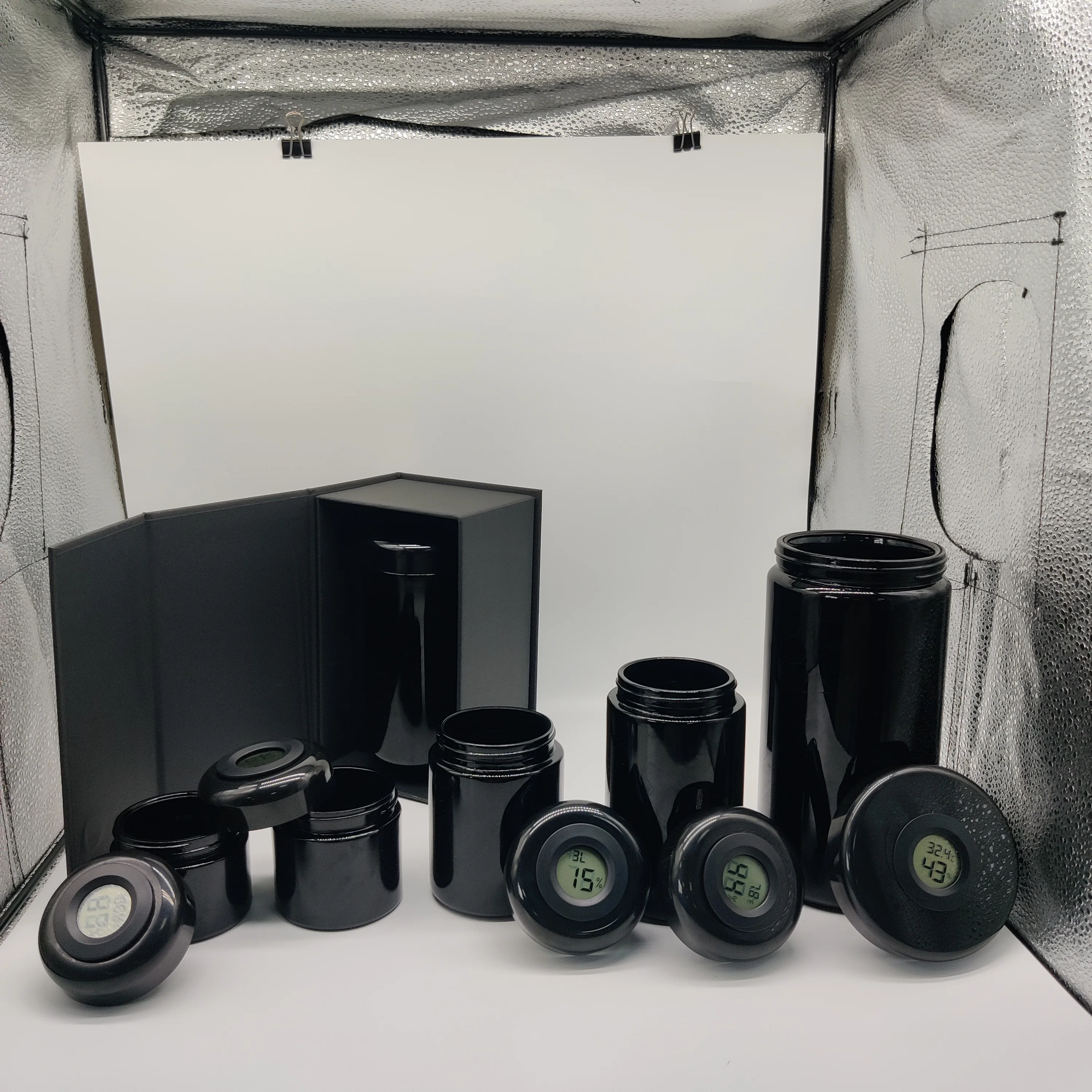 Spice Storage Jar Kitchen Humidity  Temperature Digital Sensor smell proof black UV glass jar for herbs spices coffee dried food