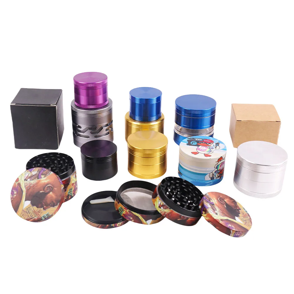LC 40 50 55 63mm 4 Layer Dry Metal Herb Grinder Wholesale Custom Logo Zinc Alloy Tobacco Spice Crusher with box Grinder Smoking