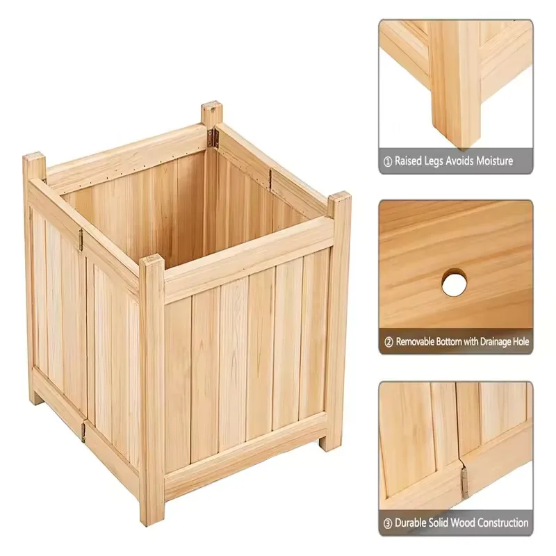 Garden Balcony Raised Flower Bed Folding Wood Planter with Drainage Hole & Base Outdoor Elevated Planting Box