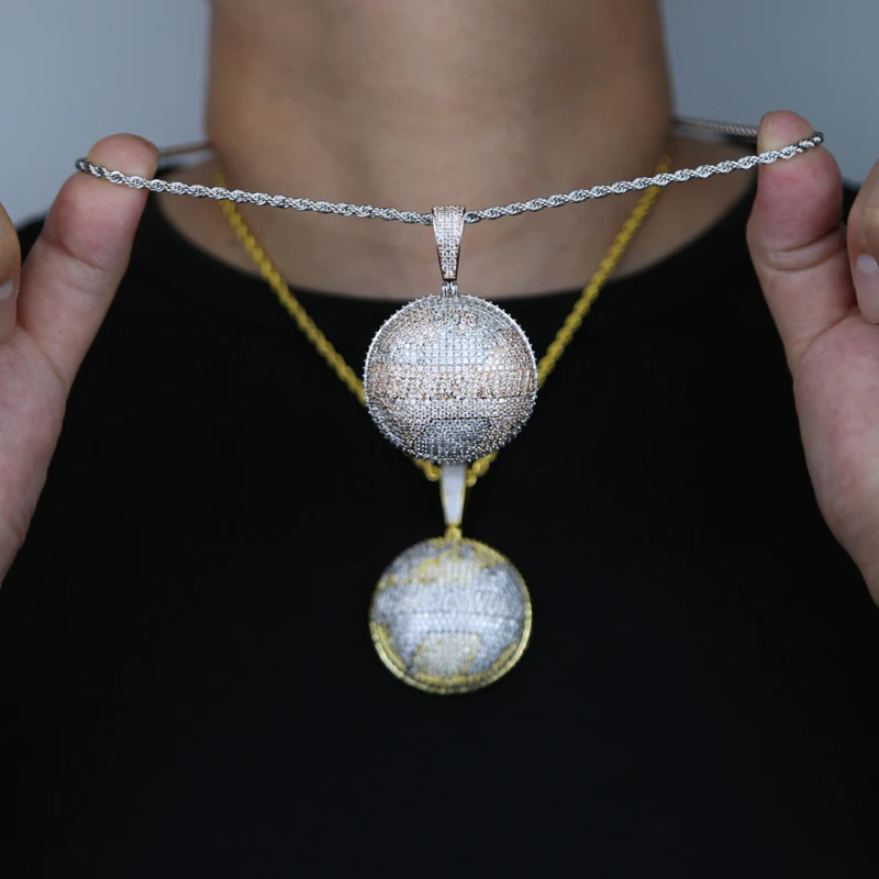 Hustlers World Globe Pendant Two Tone Gold Plated Micro Pave 5A CZ Round Map Hip Hop Men Necklace