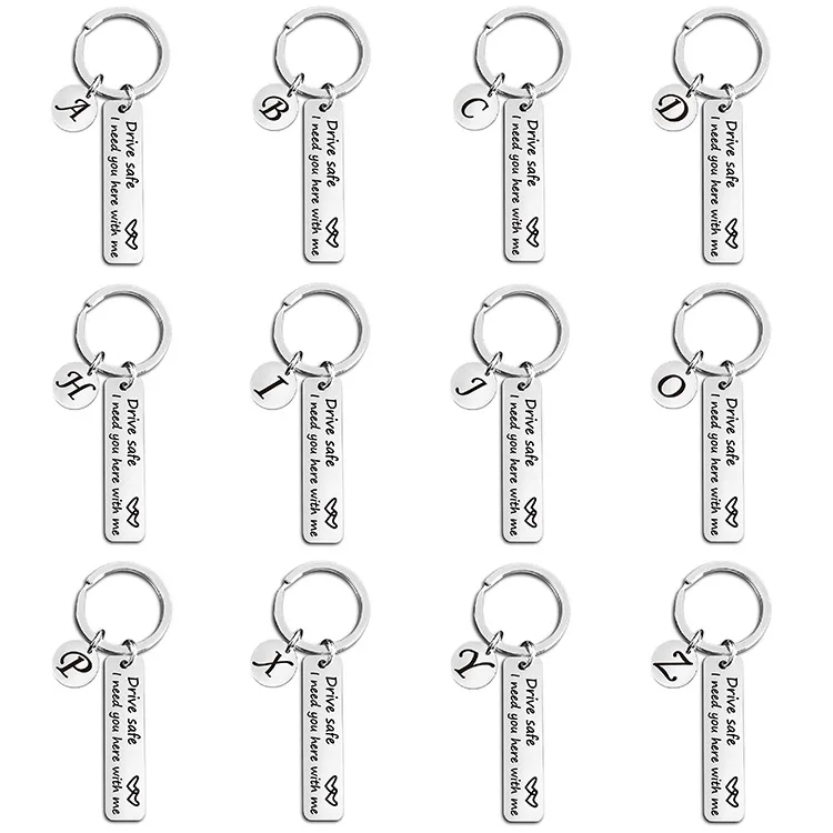 
Stainless Steel Engraved Bar Drive safe I need you here with me Keychain Personalized Initial Letter Charms Key Rings Dad Gift 