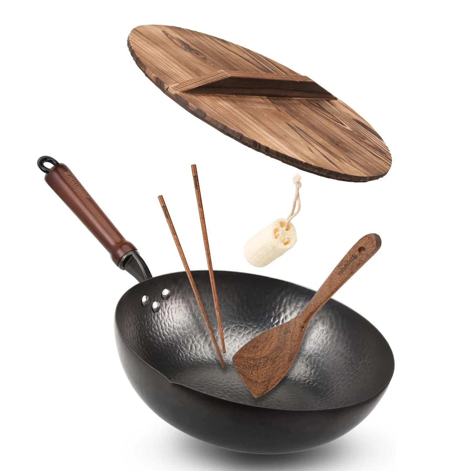 Chinese style wooden handle carbon steel wok with wooden lid 5-piece kitchen cookware accessories
