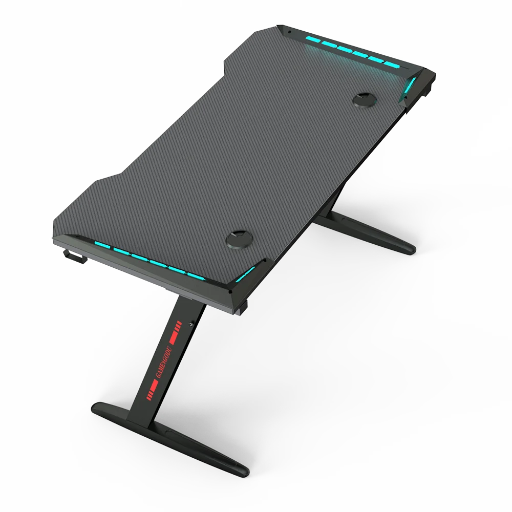Large Z-Shaped Gaming PC Desk with Carbon Fiber Desktop and RGB Light for Gamer, Cup Holder, Headphone Hook