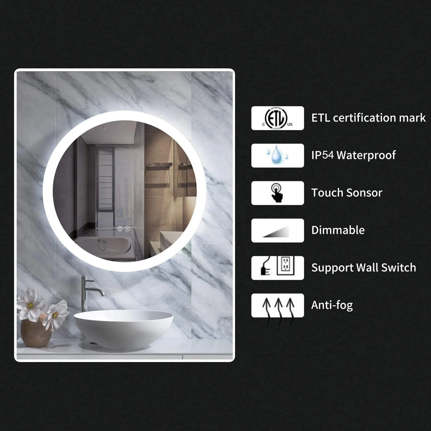  Guzex 24 inch LED Bathroom Mirror with Light Round led Vanity Anti