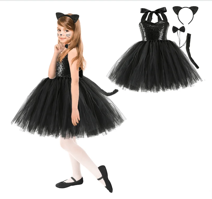 Halloween Jungle Party Animal Costume for Girls 1-10 Years Giraffe Black Cat Leopard Tiger Safari Birthday Dress Tutu