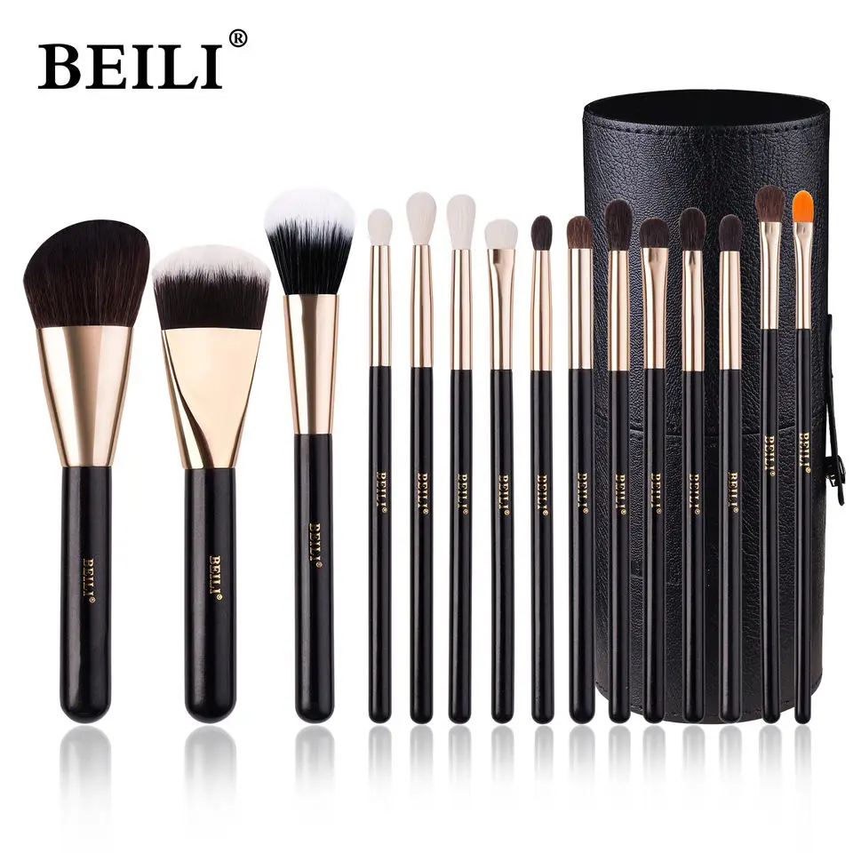 BEILI 15pcs black eye shadow cosmetics blend brush set with packaging box natual hair Rose Gold Private Label makeup brush set