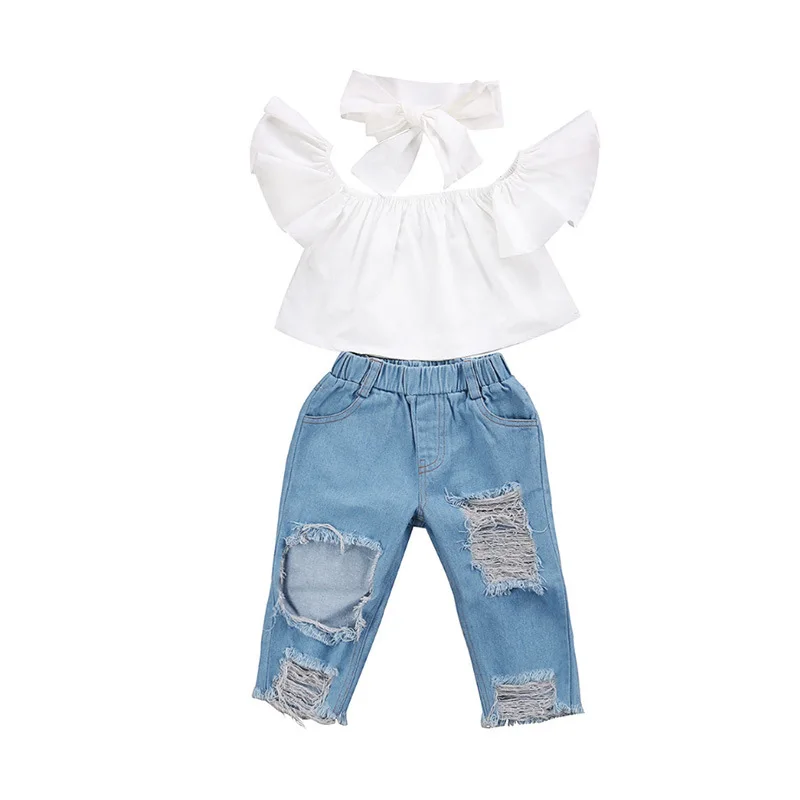 Toddler Girl Outfit Baby Clothing Sets White T shirt+Ripped Jeans Two Piece Top and Trouser Set Summer Kids Wear
