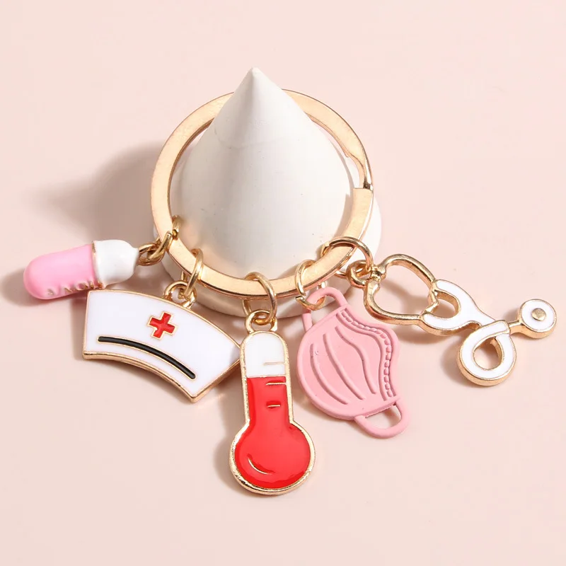 Custom New Doctor Keychain with Syringe Stethoscope Nurse Cap Pendant Mobile Phone Accessory Alloy Material Customizable Logo