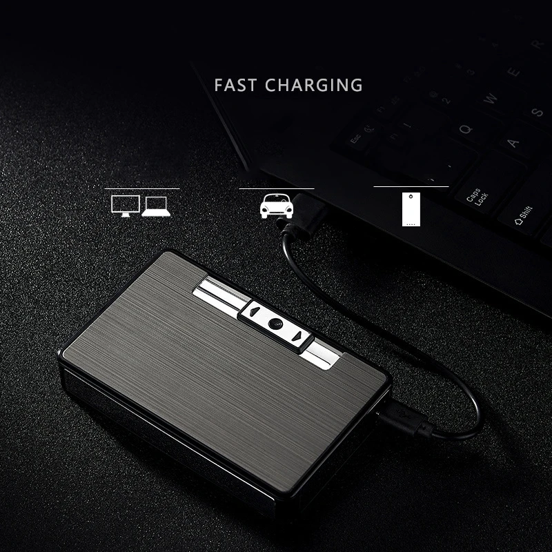 KY Customized 14pcs Cigarettes Pocket Rectangular Electric Charging Aluminium Cigarette Case with Lighter