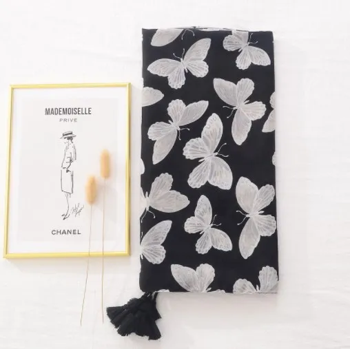 Custom Logo wholesale women long fashion white butterfly scarves polyester printed scarf with tassels