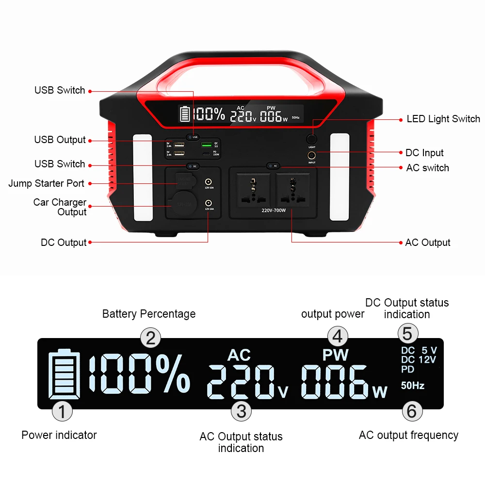 Emergency Solar 700W Portable Power Banks Power Station Ac Power Supply Pure Sine Wave Outdoor Home Solar Generator