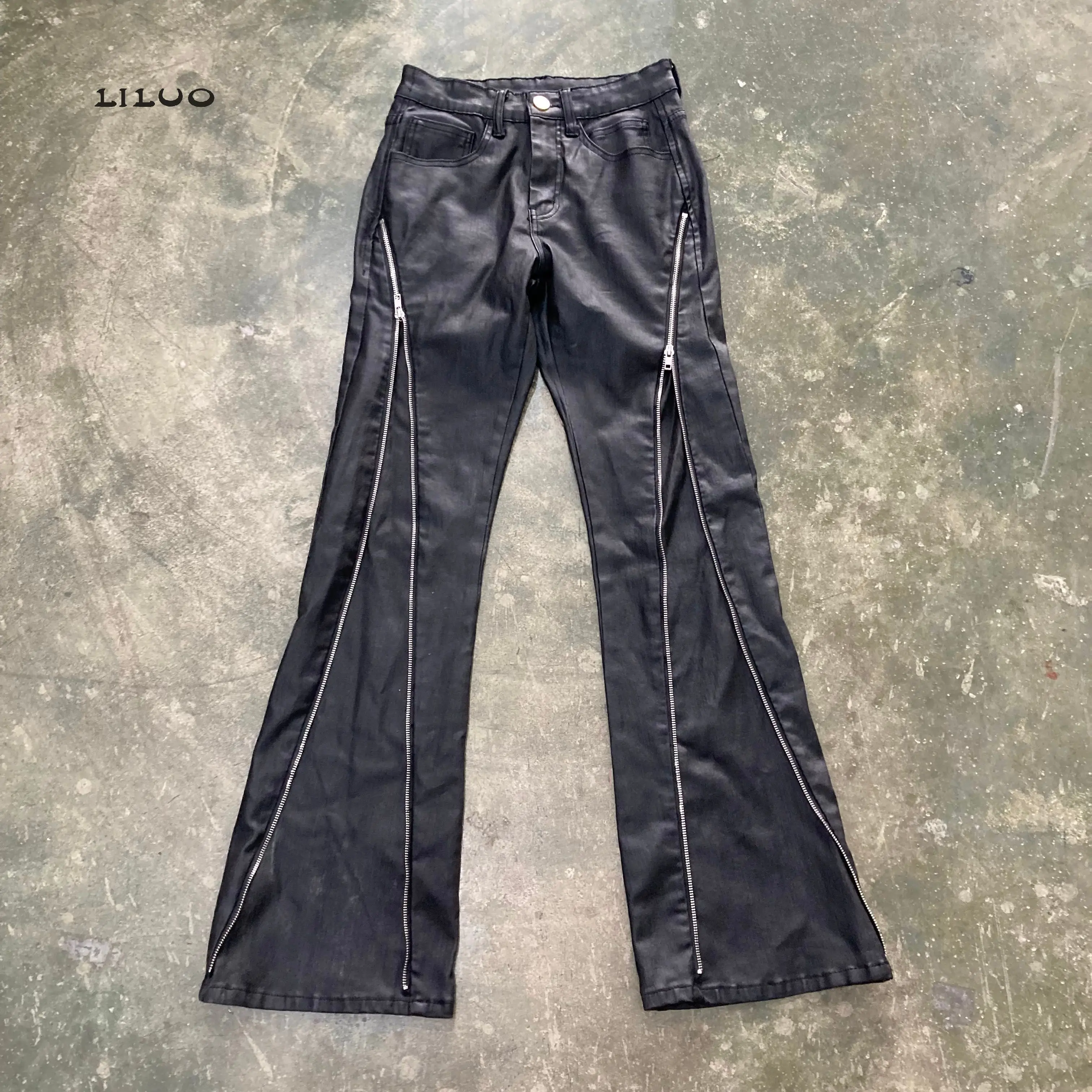 vintage wax jeans streetwear raw edges stacked jeans wholesale custom Zipper flare wax coated denim pants skinny flare jeans men