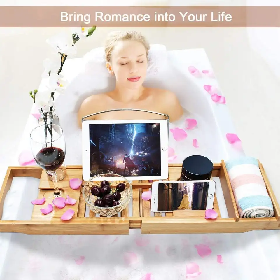 Deluxe bamboo bath Caddy with extendable multi-function bamboo bath tray, with book holder, wine glass holder bathroom rack