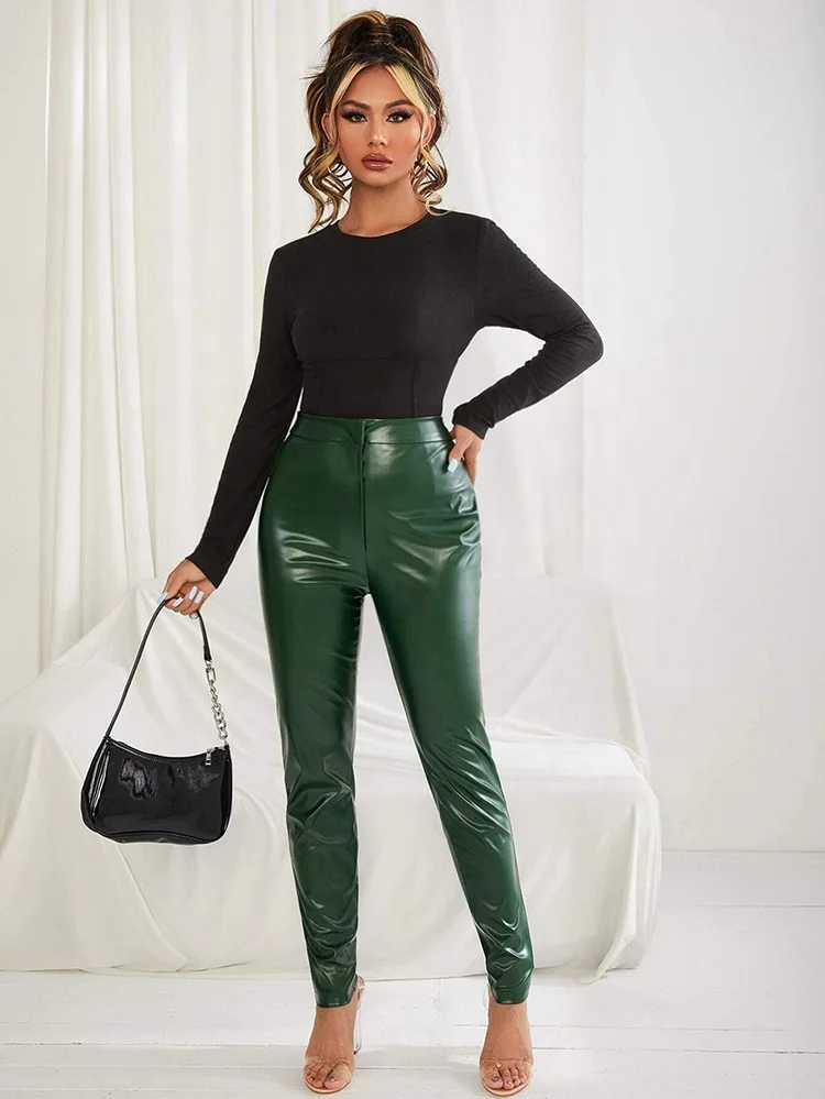 Fashionable Plus Size High Waist Pu Leather Skinny Pencil Pants Green Slim Ankle-length Trousers
