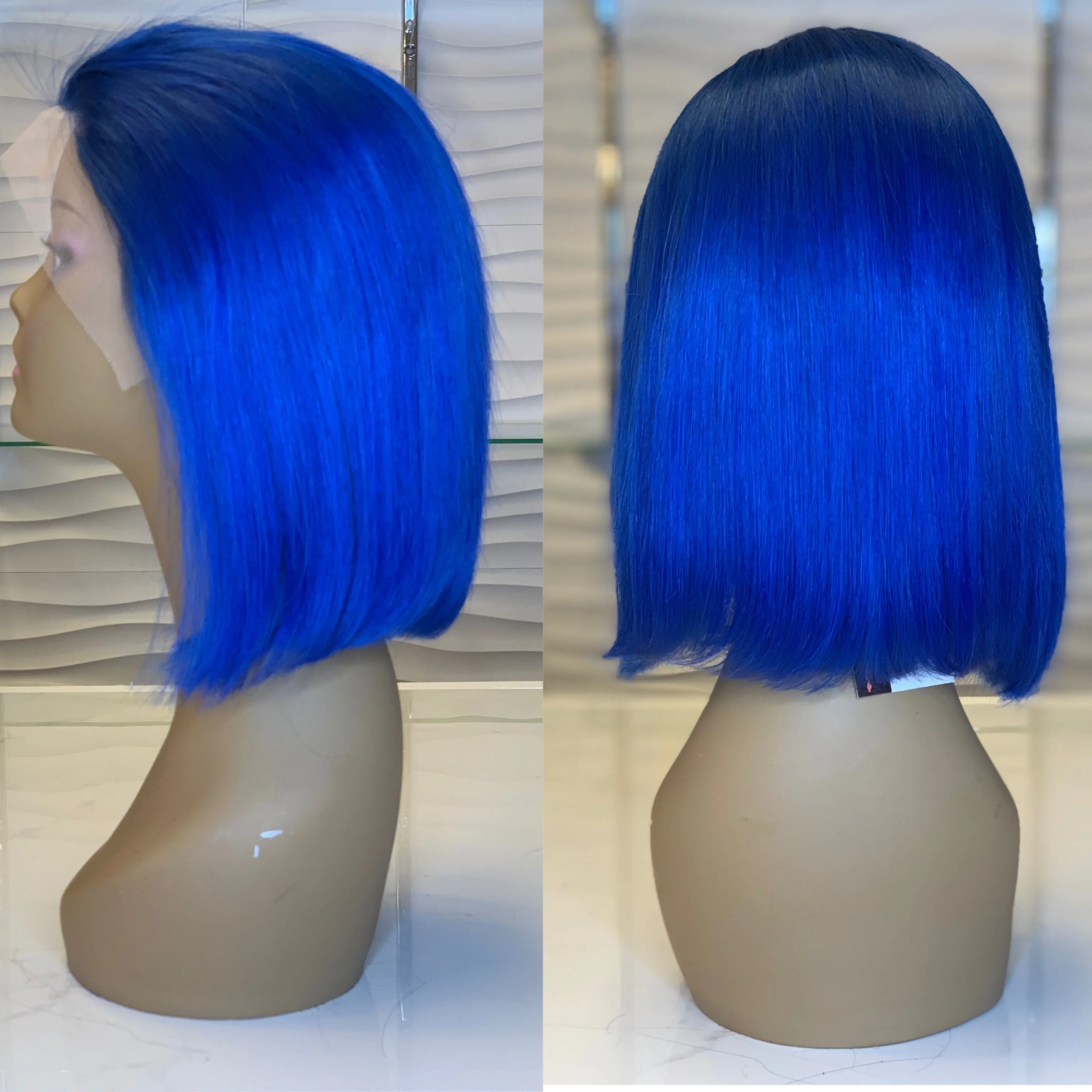 Blue Color Peruvian Virgin Human Hair Short Cosplay Bob Lace Wigs Preplucked Human Hair Wig