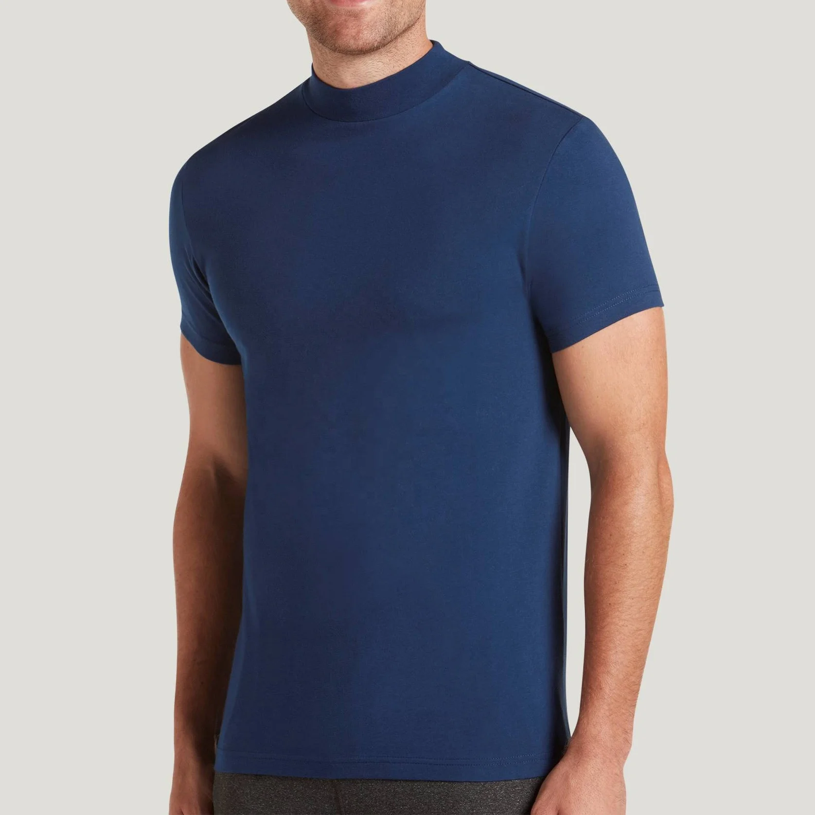 Heavy Weight Navy Color Custom Graphic Tee Shirts Combed Cotton Mock Neck Tshirts