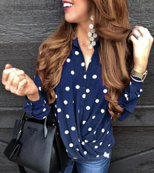 Новинка Осень-зима 2021, модная блузка в горошек с воротником, длинными рукавами и пуговицами