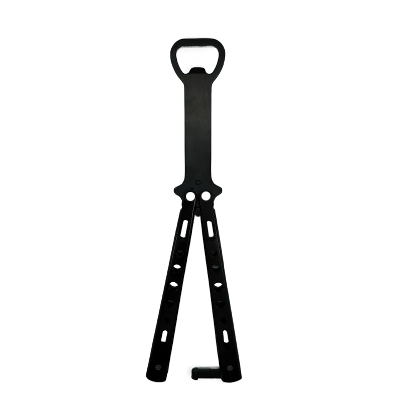 Открывалка для пива серебристого и черного цвета с ножом-бабочкой из нержавеющей стали