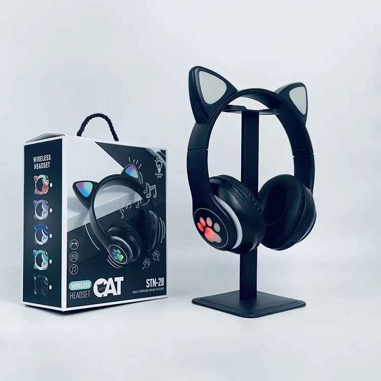 2022 trending products stn-28 christmas gift headphone cat ears wearing BT 5.0 light LED macaron colors wireless headphone
