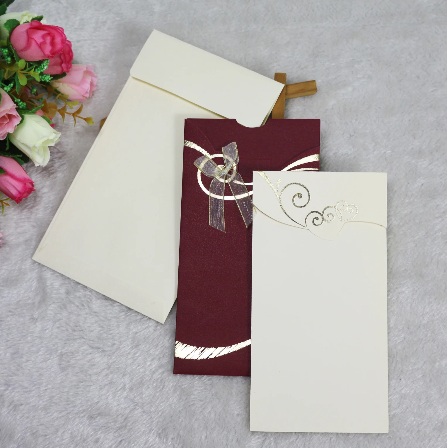 Wholesale Cheap Price Gold Foiling Wine Red Pocket African Vintage Wedding Invitation Set With Ribbon Bow