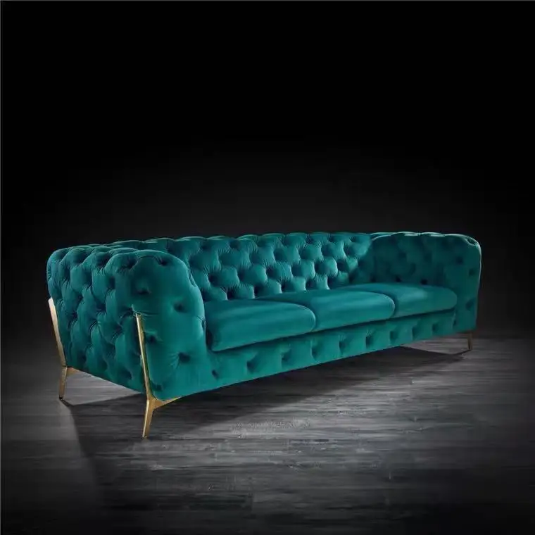 Upholstery Couch Lounge Blue Velvet Chesterfield Living room Sofa With Golden
