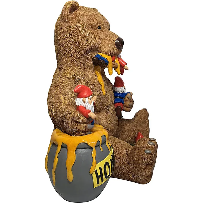 Miniature Bear and Gnomes with Honey - A Garden Gnome Statue for Your Fairy Garden