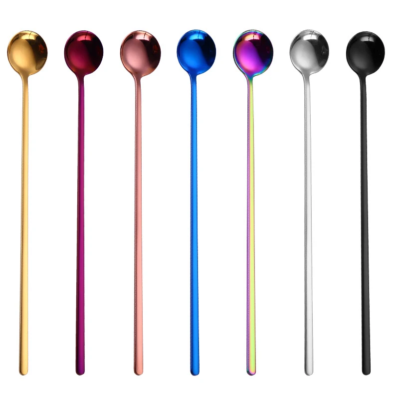 Rainbow Color Coffee Tea Stir Spoon Long Handle Ice Cream Dessert Stainless Steel Spoons For Bar