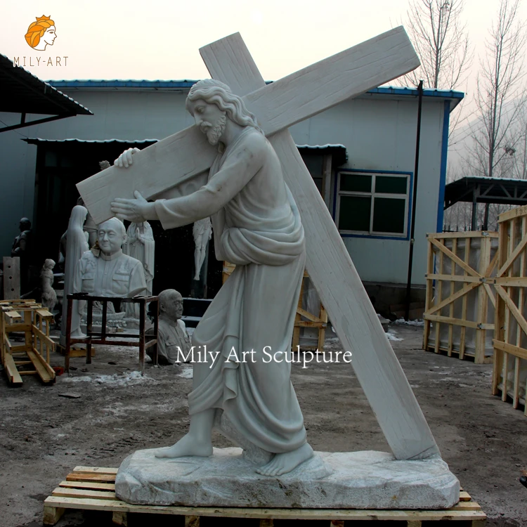 Indoor Outdoor Religious Life Size Hand Made Cross Marble Jesus Statue