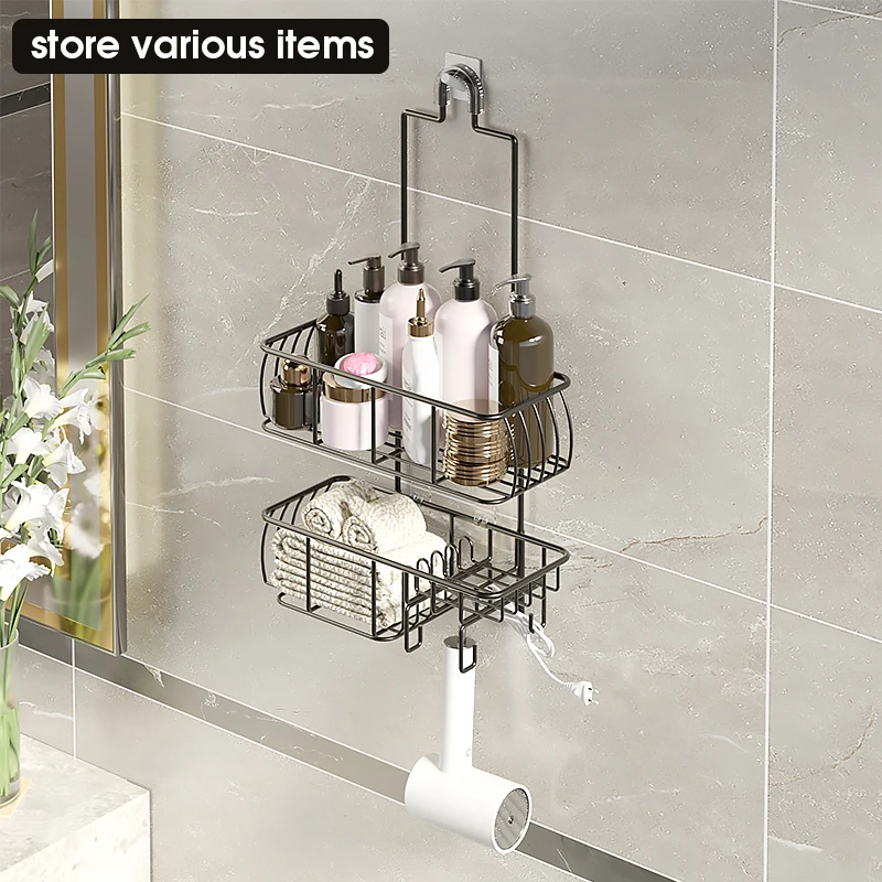 Punch-free No Drilling Wall Mounted Hanging Black Shower Caddy Shelf Organizer Storage Wire Rack over Head for Bathroom Bath