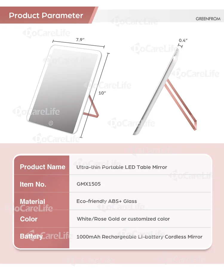 Docarelife Amazon, Лидер продаж, USB перезаряжаемое туалетное зеркало с подсветкой для путешествий, настольное зеркало для макияжа с подсветкой