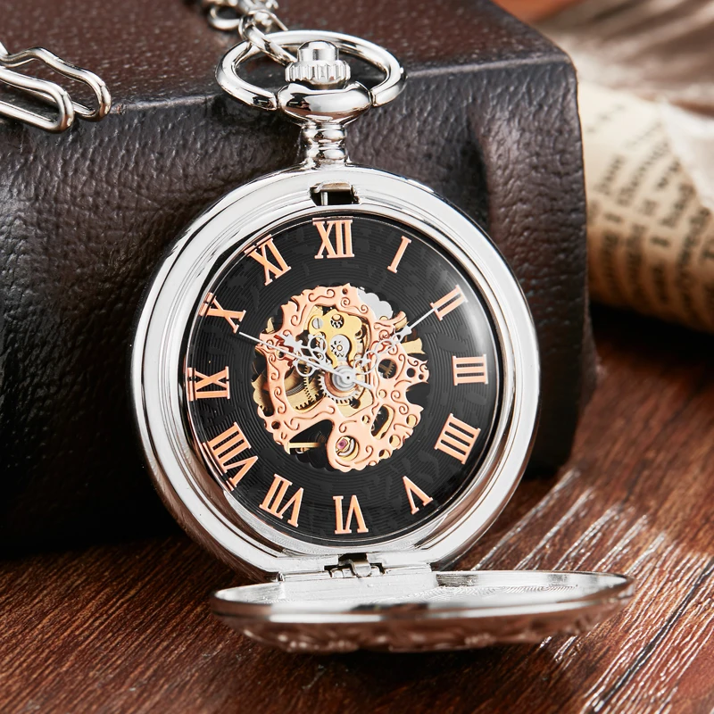 Unique Fashion Switzerland Red Cross Mechanical Pocket Watch With FOB Chain Silver Edelweiss Sculpture Hollow Skeleton Clock Men