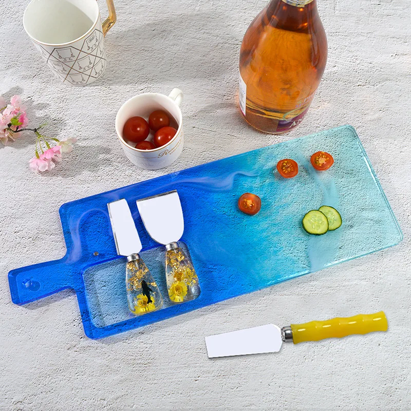 W436 New Knife  Fork Handle Epoxy Resin Mold DIY Rectangle&Round  Western Tableware Set Storage Tray Silicone Mold