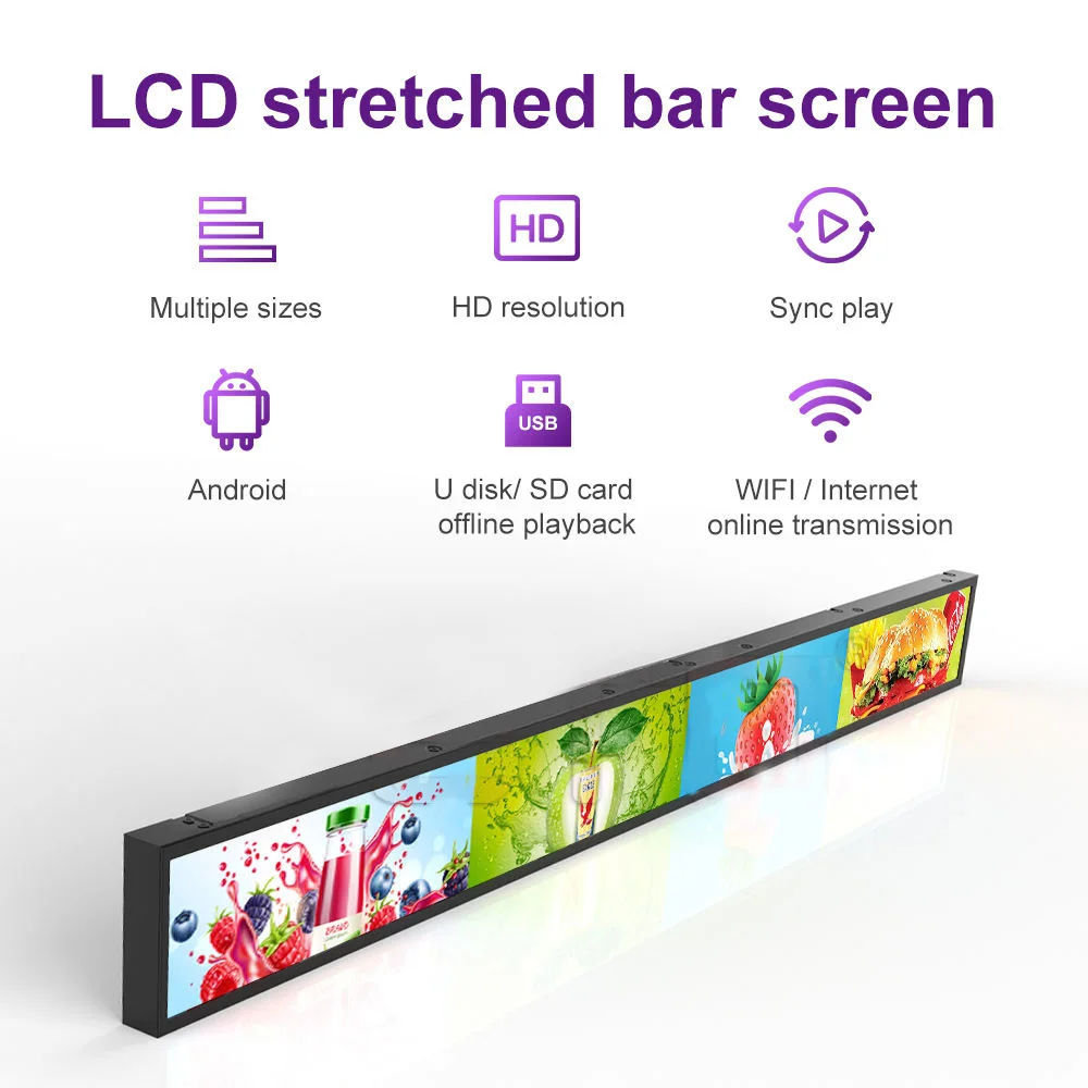 High Brightness OEM LCD Bar Display Bus Shopping Malls Markets Android System 4k Resolution SDK Commercial Bus OLED Display