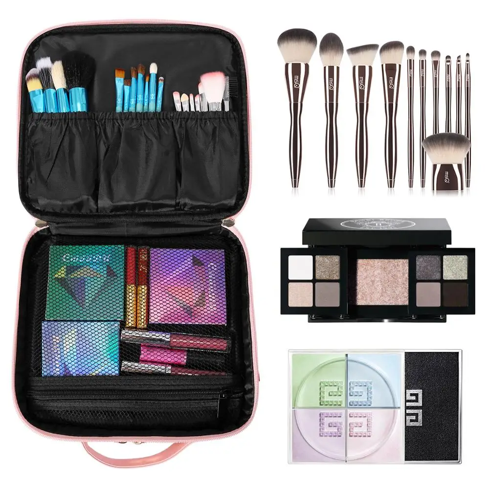 2 Layer Large Capacity Portable Organizer Makeup Bag Cosmetic Train Case Cosmetic Bag with Mirror for Cosmetics Make Up Tools