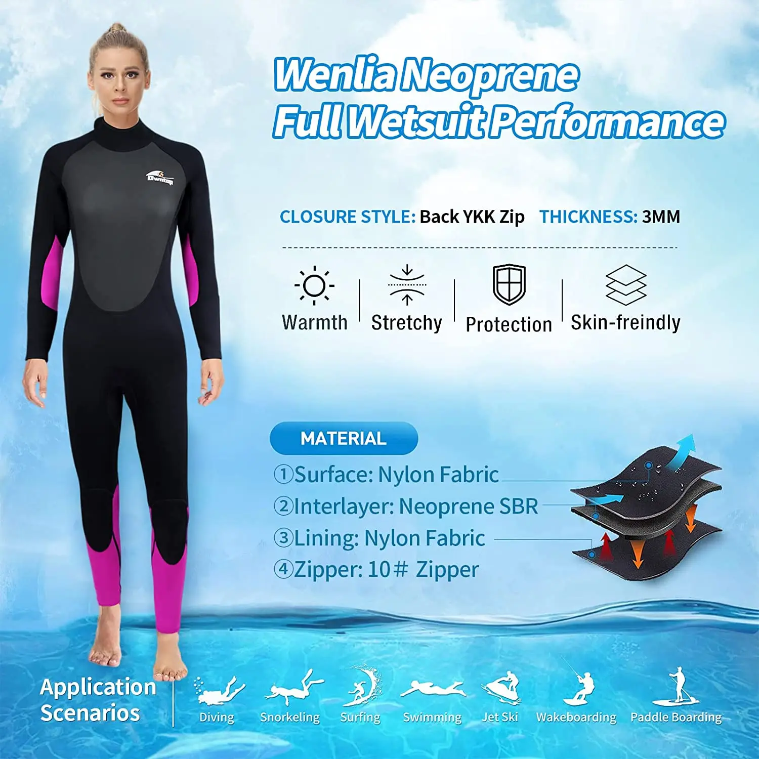 Ladies Wetsuit 3mm Neoprene Diving Wet Suit with Back Zip Long Sleeve for Scuba Diving Snorkeling Surfing Cold Water