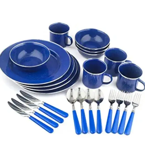 
24-Piece Camping Enamel Tableware Set: Plates, Bowls, Mugs & Utensils 