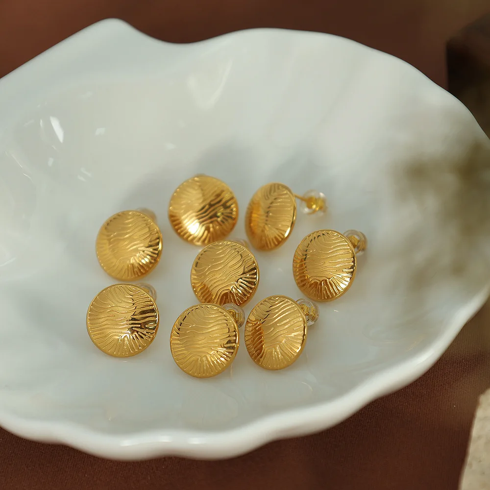 France Style High Quality Real Gold Plated Stainless Steel Irregular Pattern Round Disc Stud Earrings For Women