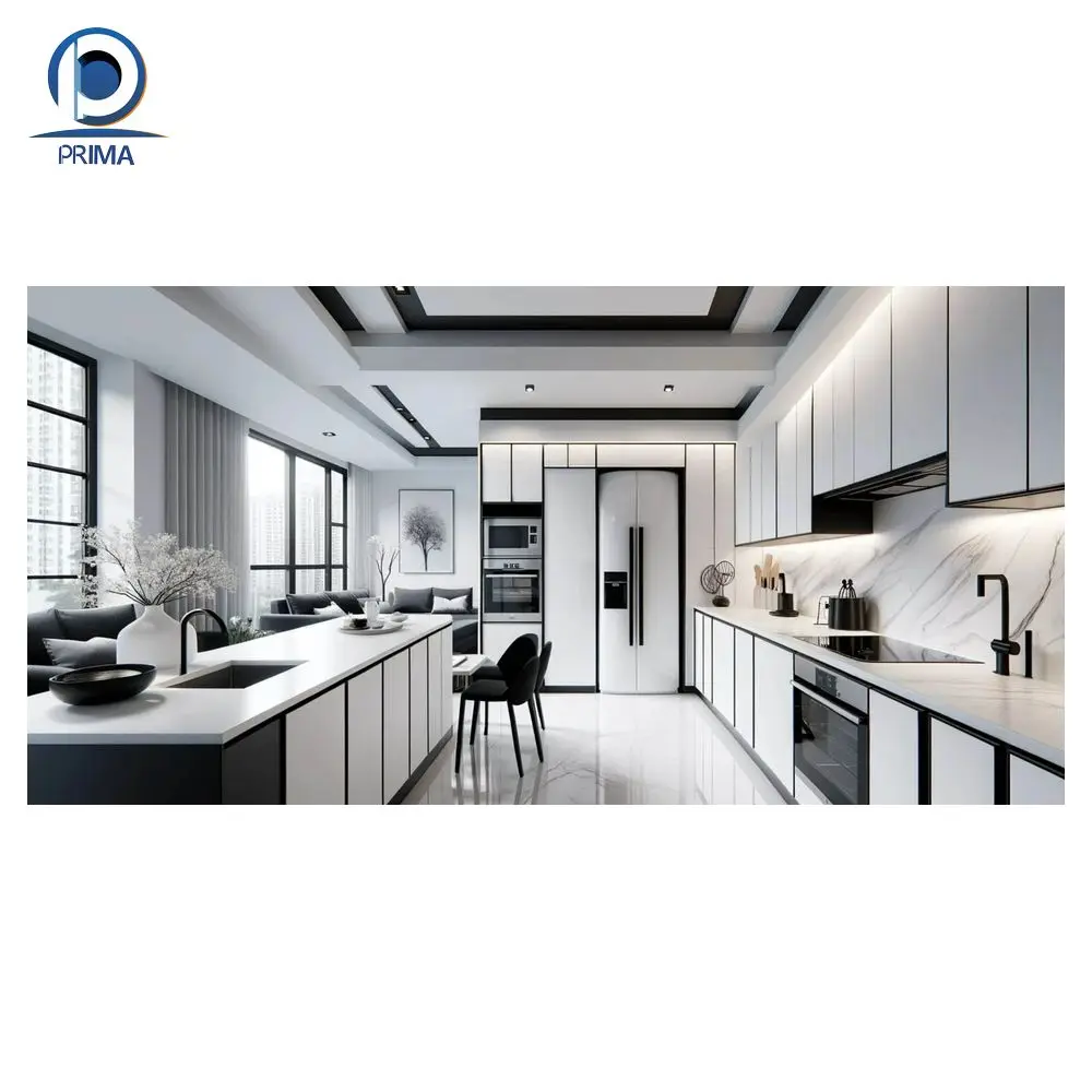 PRIMA Industry White Colored Glossy Frameless MDF Wood Shaker Slab Modular Kitchen Cabinets Set