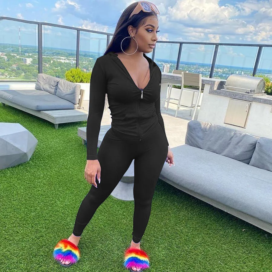 Однотонный спортивный костюм для бега из полиэстера с капюшоном, женский спортивный костюм на молнии