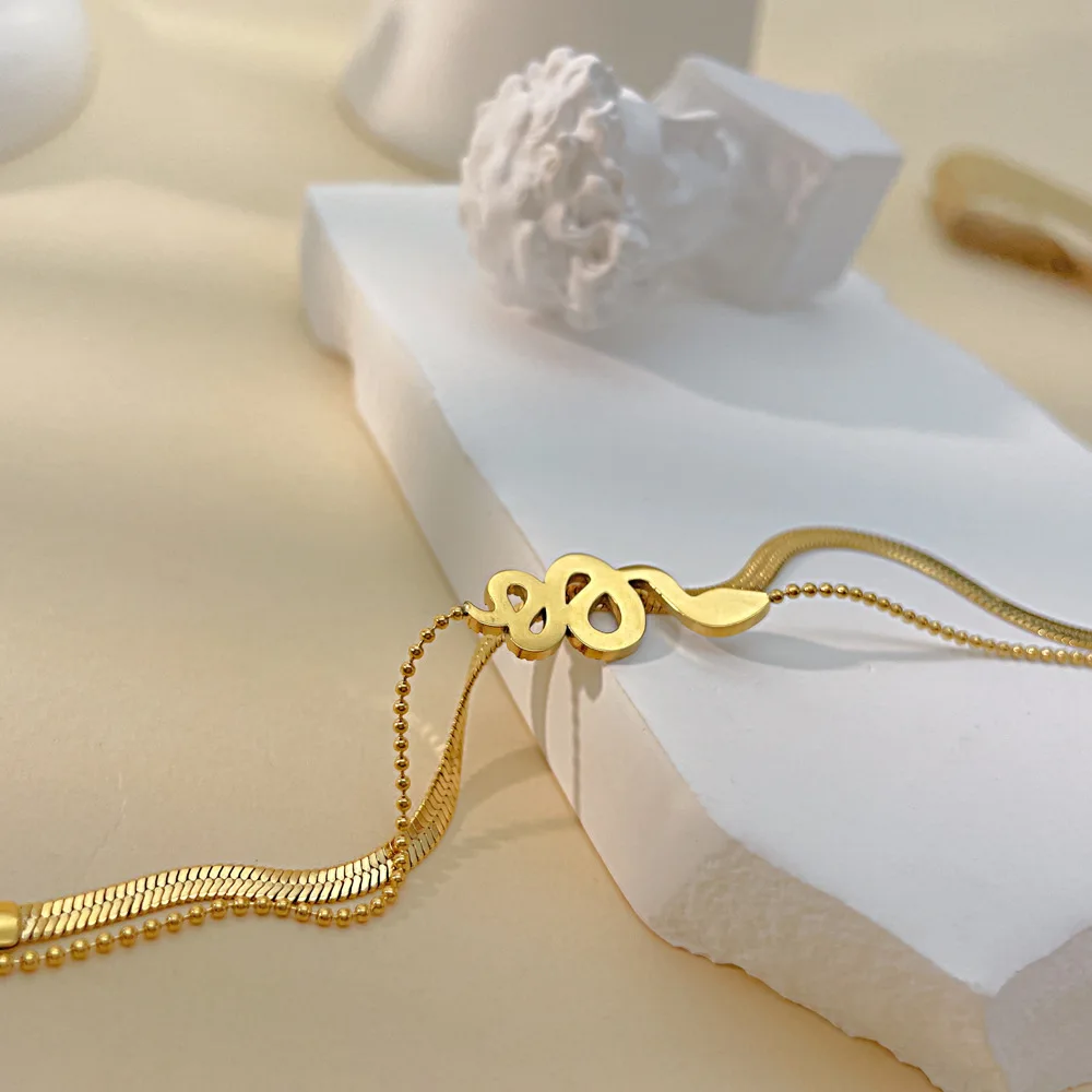 18K Real Gold Plated Layering Beaded Bracelets Blade Flat Snake Chain Stainless Steel Bracelet For Women Jewelry