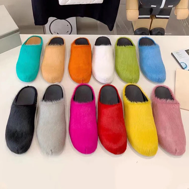 Fashion Luxury Women Winter Loafers Flat Real Fur Slides Horsehair Fluffy Plush Furry Slipper with Logo Customized