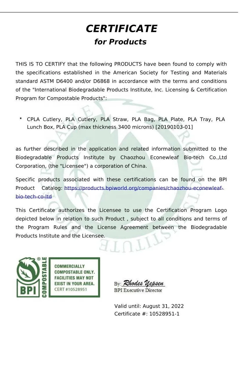 EcoNewLeaf Non Plastic Biodegradable and Compostable Cornstarch Cutlery Disposable BPI PLA Eco friendly Cutlery Set with Box