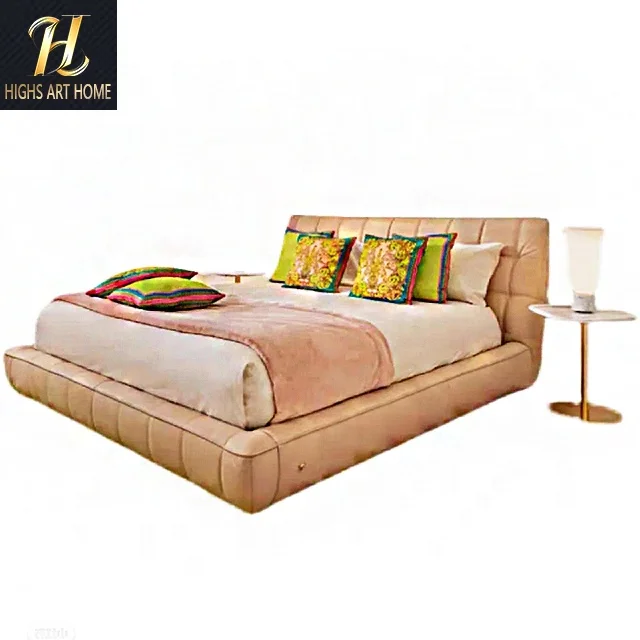 Factory Direct Sales Italian Luxury Import First Layer Light Pink Cowhide Double Queen Bed Cream Wind Atmosphere Wedding Bed
