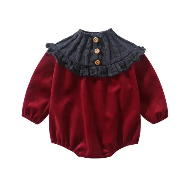 PHB 60618 knitted collar velvet fabric long sleeve fall winter toddler rompers newborn baby items