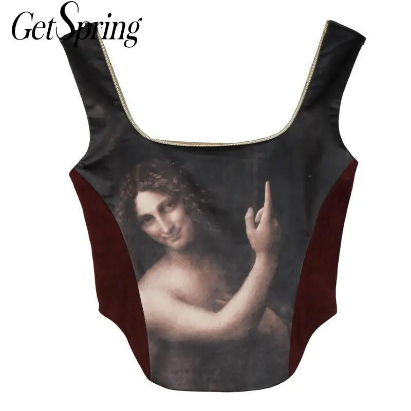Woman Tank Sleveless Women Vest Sexy Short Tops Retro Oil Painting Arc Hem All Match Woman Tops Slim Thin Vests 2019 Summer New