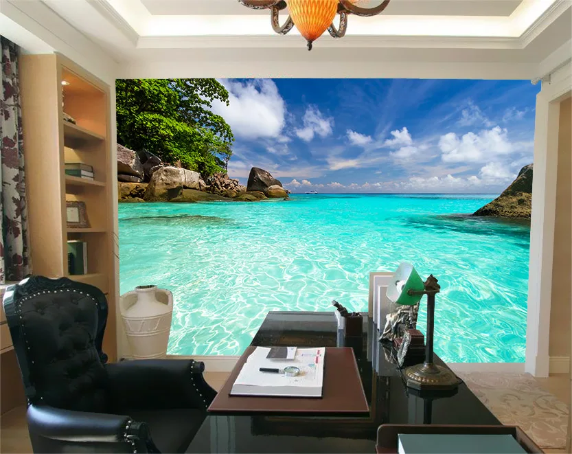 Maldives blue sea beach blue sky white cloud scenery 3D wallpaper for living room